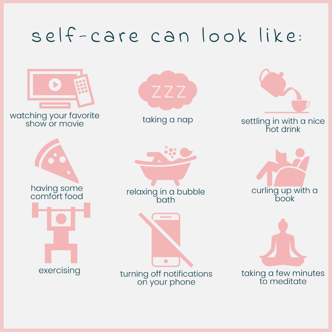 A graphic that says "self-care can look like:" and includes icons of various forms of self-care including taking a nap, exercising, and enjoying comfort food.