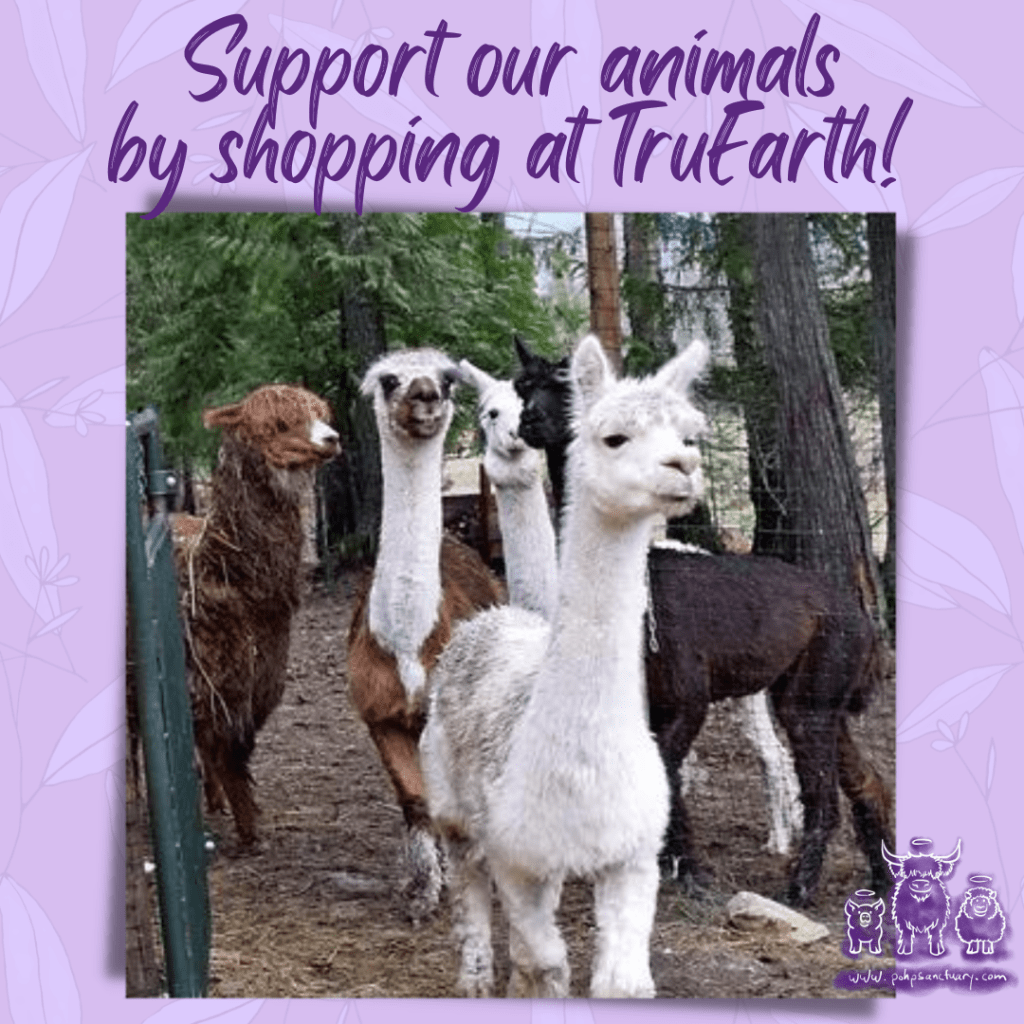 A graphic that says "Support our animals by shopping at TruEarth." Below the text is a photo of a group of animals.