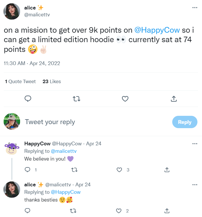 A conversation on Twitter between a user and HappyCow regarding HappyCow's points and rewards.